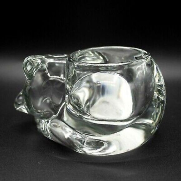 VTG Indiana Glass 5” Crystal Lazy Sleeping Cat Votive Tealight Candle Holder - Picture 6 of 14